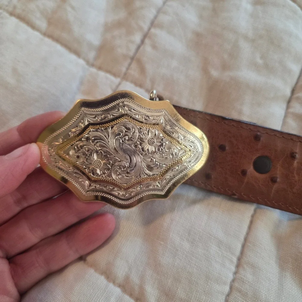 Tony Lama Ostrich Leather Belt Mens 32 Brown Montana Silversmiths Buckle USA vtg